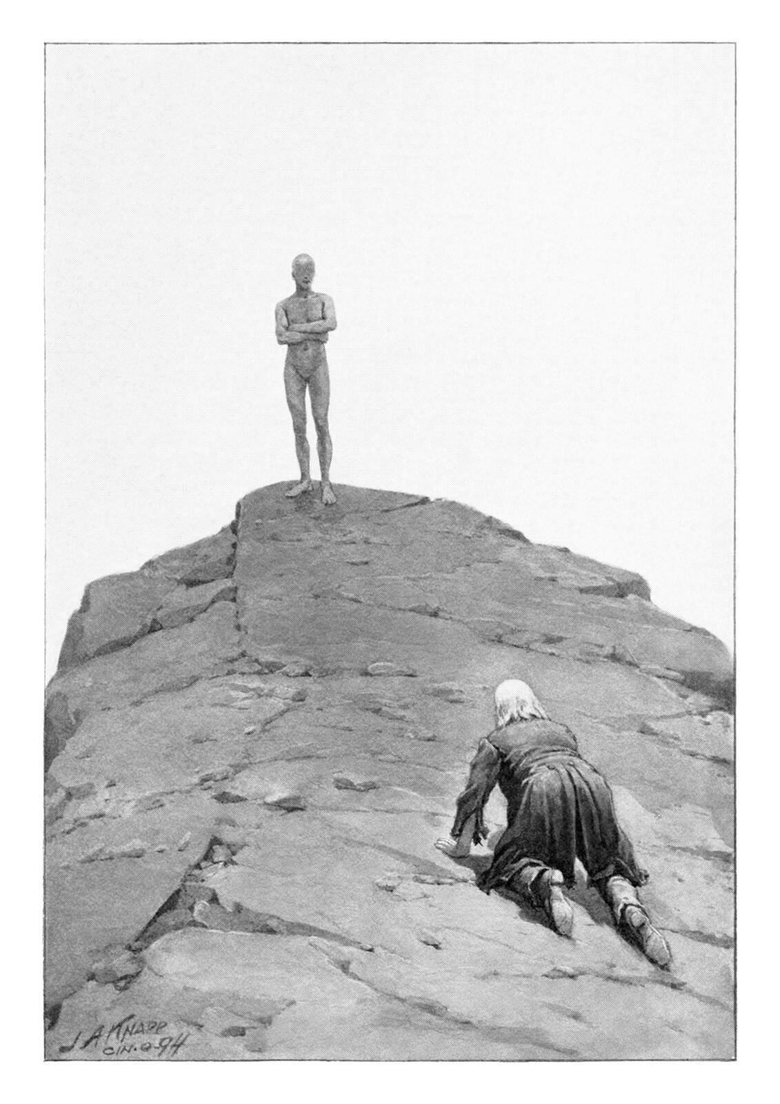 An older man climbs a rocky peak on his hands and knees to reach a creature with a human body and an almost featureless face that awaits him at the top.